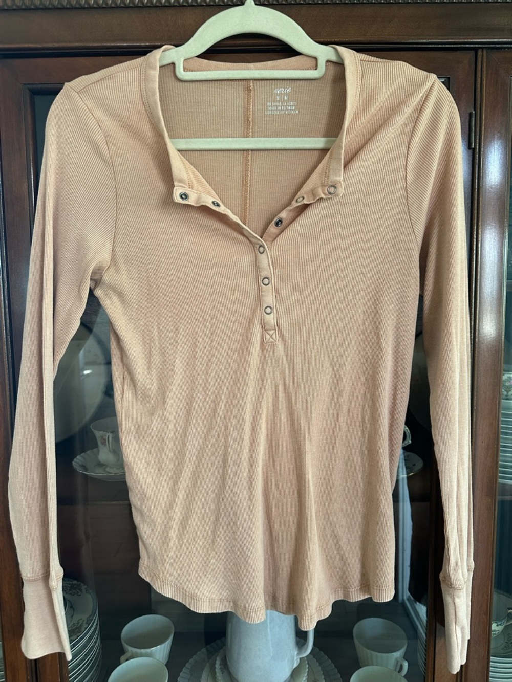 aerie Ribbed Long Sleeve Henley Top in Dusty Peach